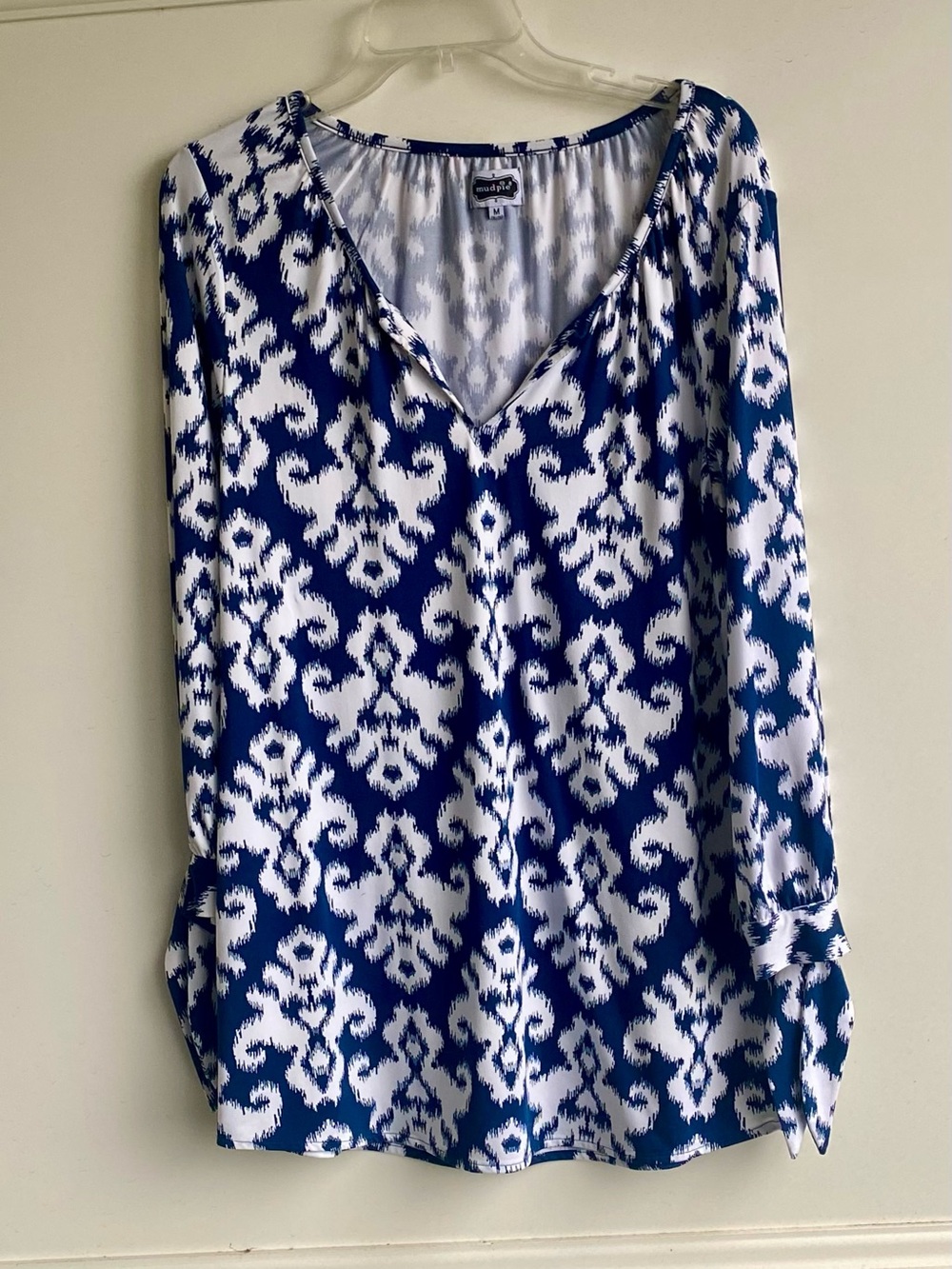 Mud Pie Blue and White V-Neck Ikat Print Blouse